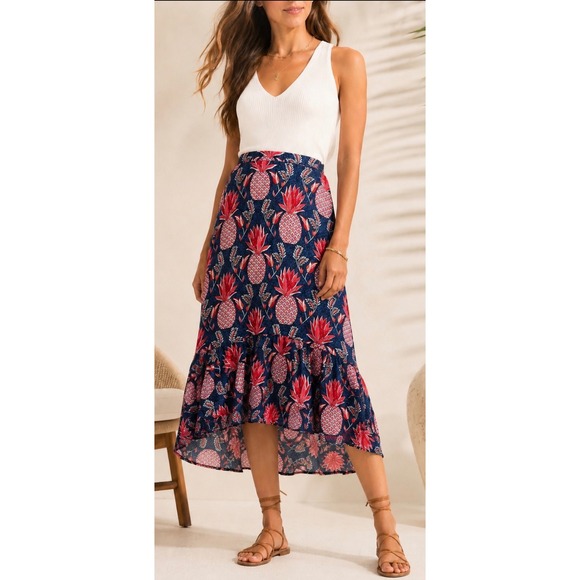 Boden Dresses & Skirts - Boden Pineapple Print Navy Red  Ruffle High Low Midi Skirt US 8L Tropical Resort